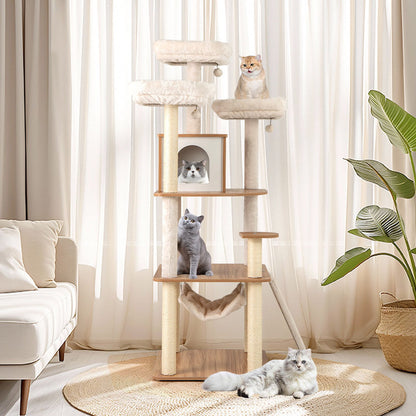 168CM Tall Cat Tree Wood Cat Tower with 3 Padded Perches