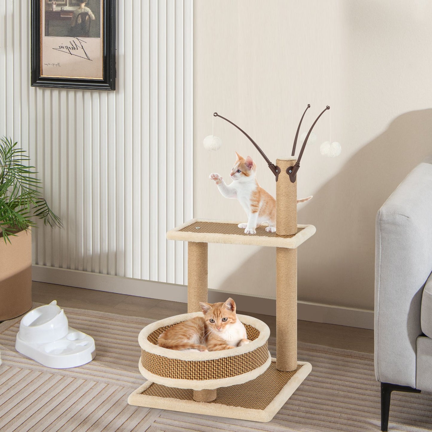 Contemporary Cat Tower Featuring Rattan Mat and Three Hanging Ball Toys