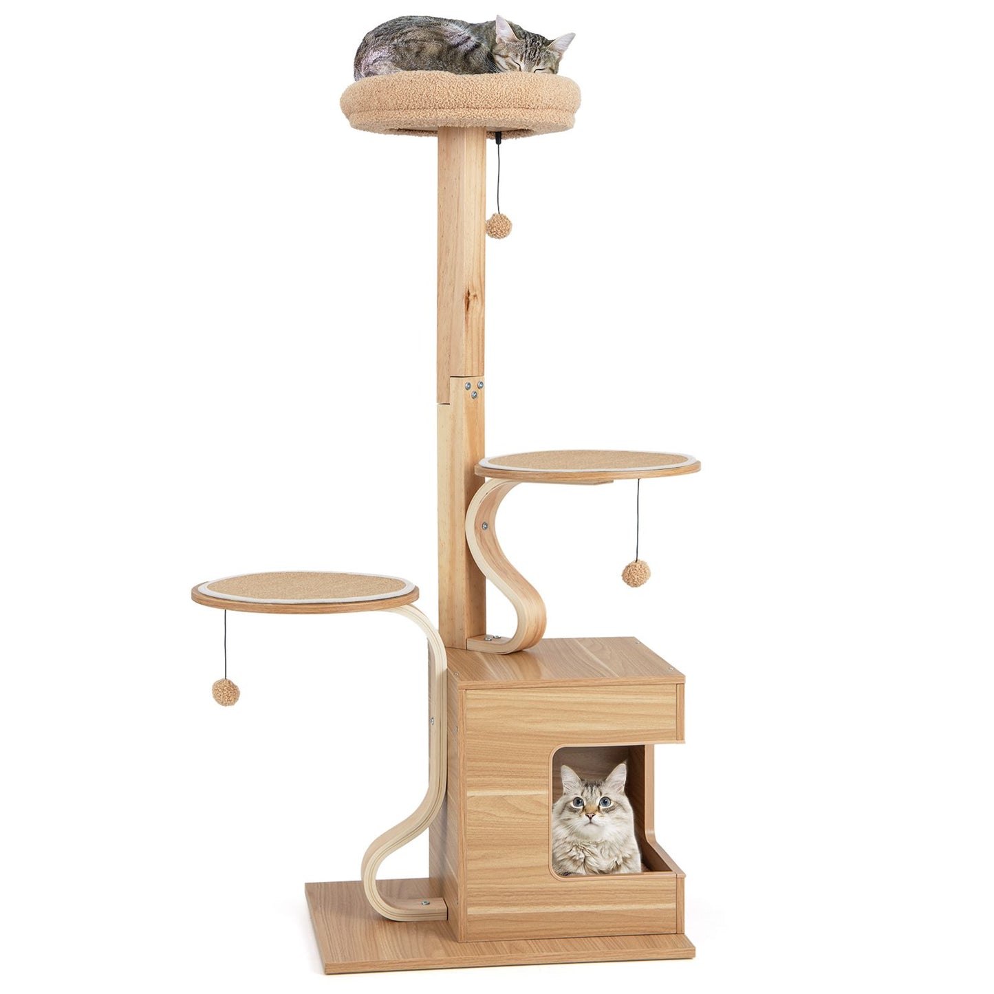 51 Inches Wooden Cat Tree with Solid Wood Post and Curved Plywood Frame