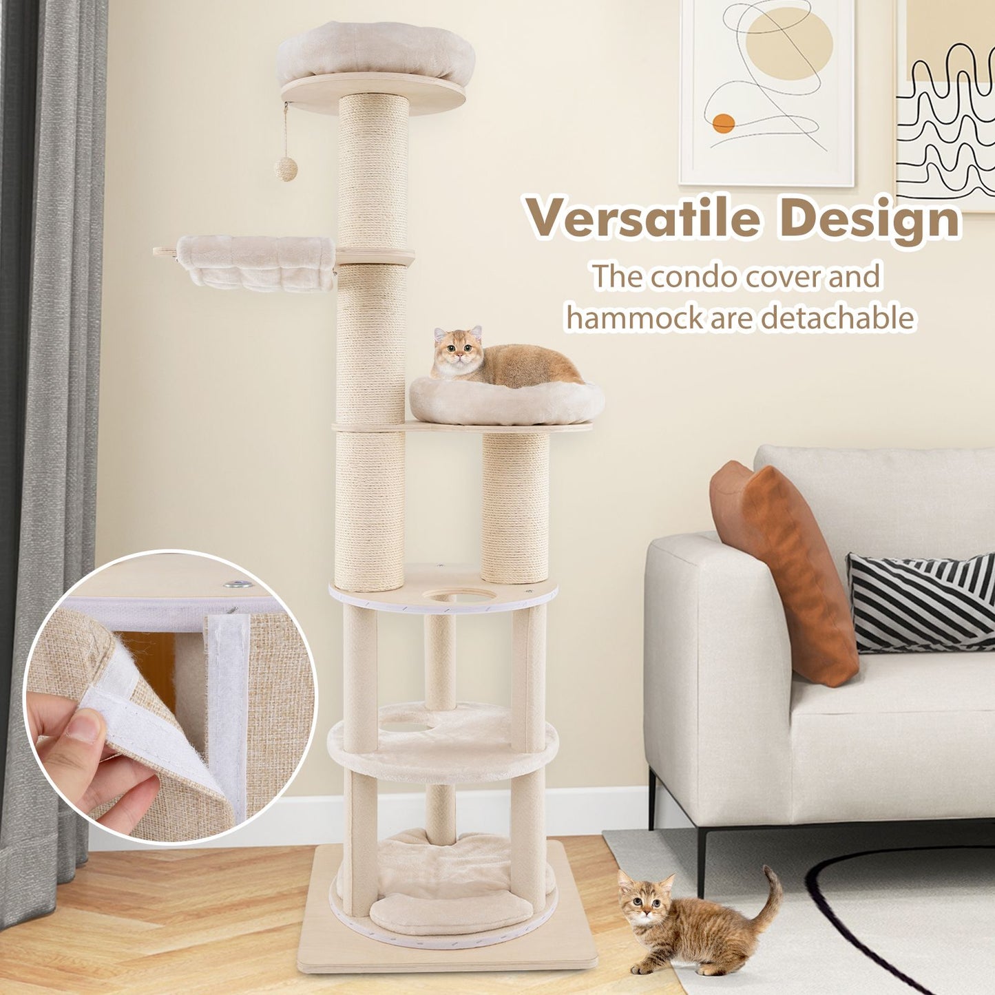 187 Cm Tall Wooden Cat Tower Tree with 2-Story Cat Condo
