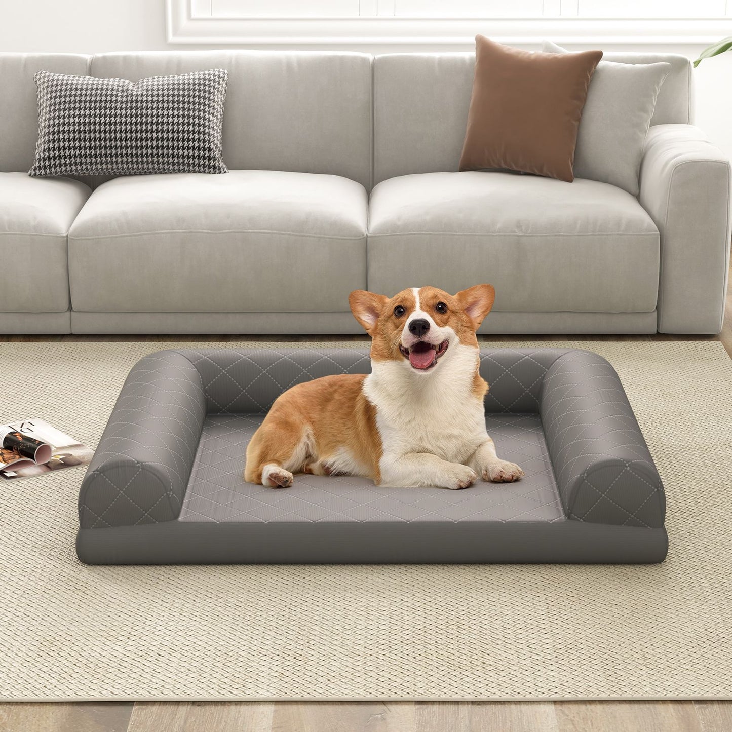 Orthopedic Egg-Foam Dog Crate Bed with Three-Sided Bolster