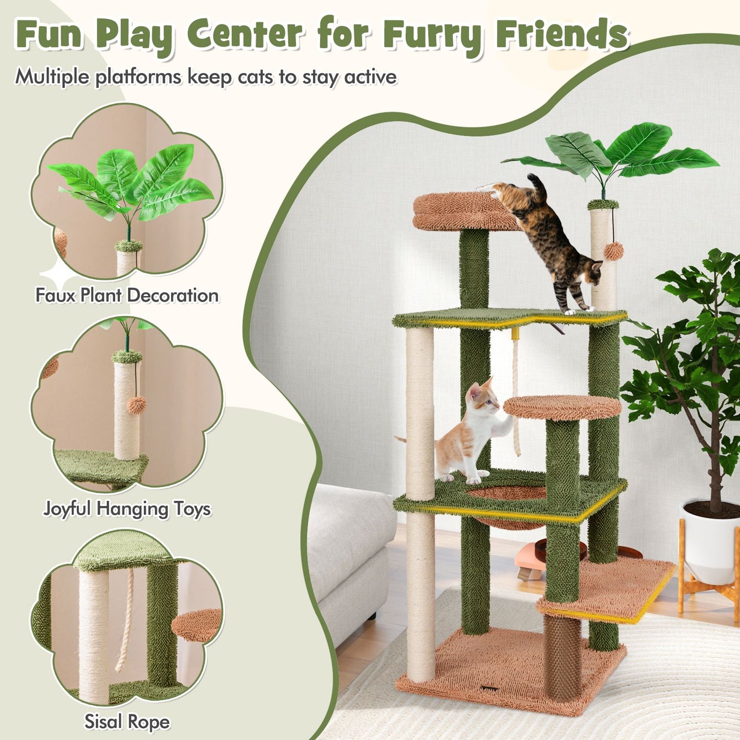 152Cm Cute Cat Tree with Sisal Scratching Posts and Rope, Plush Perch