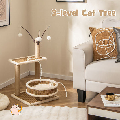 Contemporary Cat Tower Featuring Rattan Mat and Three Hanging Ball Toys