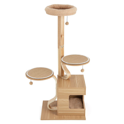 51 Inches Wooden Cat Tree with Solid Wood Post and Curved Plywood Frame